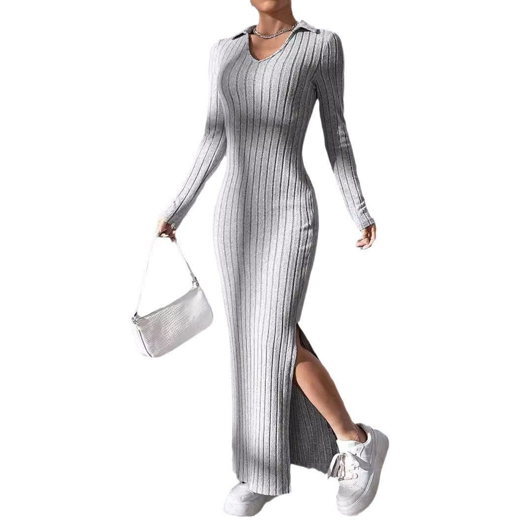 Damen Langarm Maxikleid mit V-Ausschnitt und seitlichem Schlitz EB