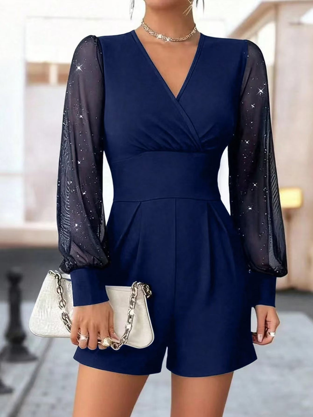 Damen eleganter Jumpsuit mit transparenten Puffärmeln und V-Ausschnitt EB
