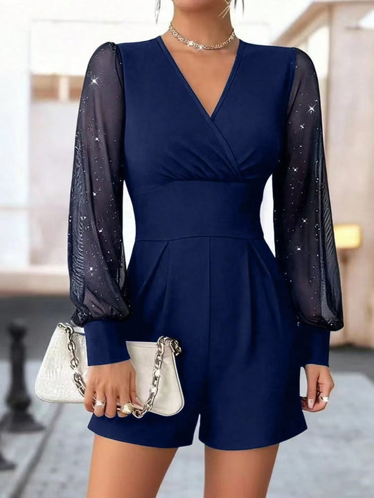 Damen eleganter Jumpsuit mit transparenten Puffärmeln und V-Ausschnitt EB