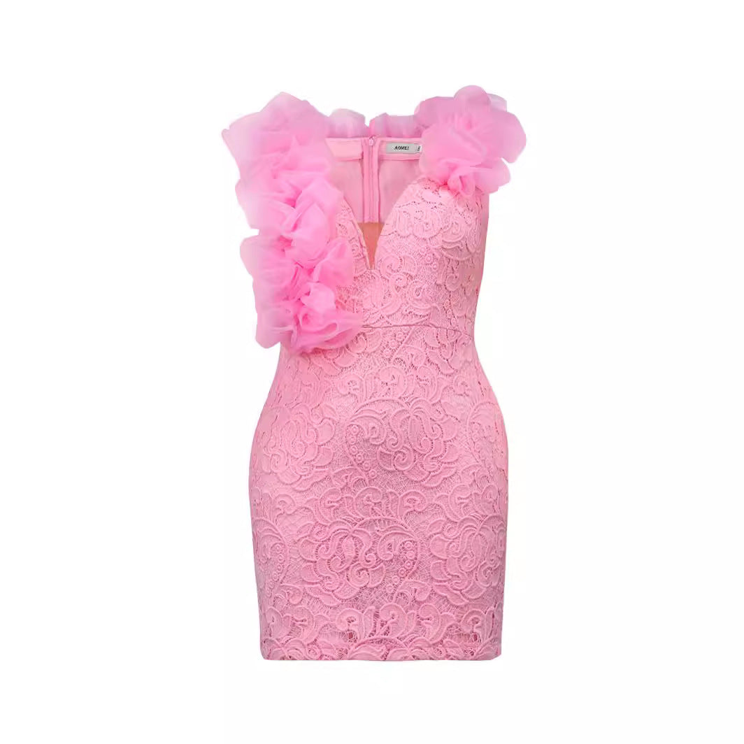 Damen Minimal Kleid mit luxuriöser Spitzenstickerei und Rüschen EB