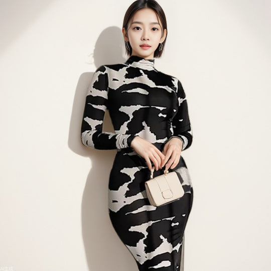 Damen Bodycon-Kleid mit hohen Kragen und grafischem Muster EB