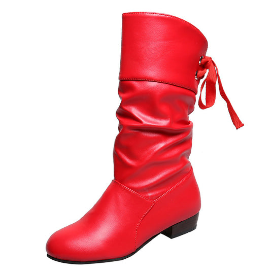 Damen  knielange Stiefel mit rückseitiger Schnürschleife, gerafftem Schaft und flachem Blockabsatz EB