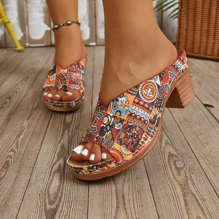 Damen Plateau-Pantoletten mit buntem, bohemian-inspiriertem Design EB