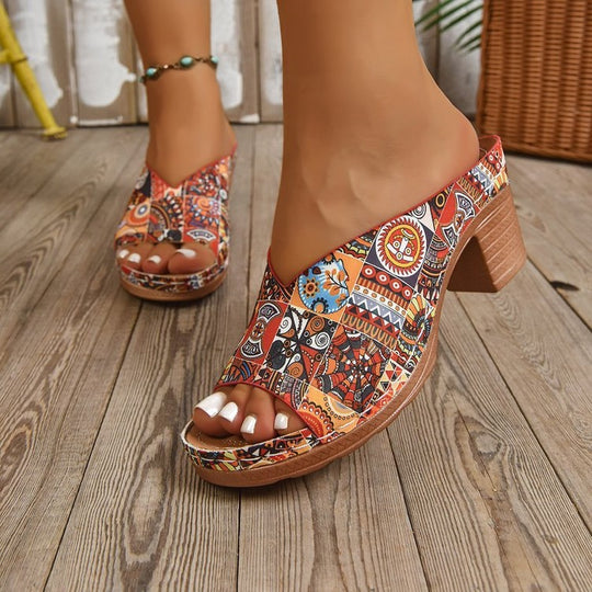 Damen Plateau-Pantoletten mit buntem, bohemian-inspiriertem Design EB