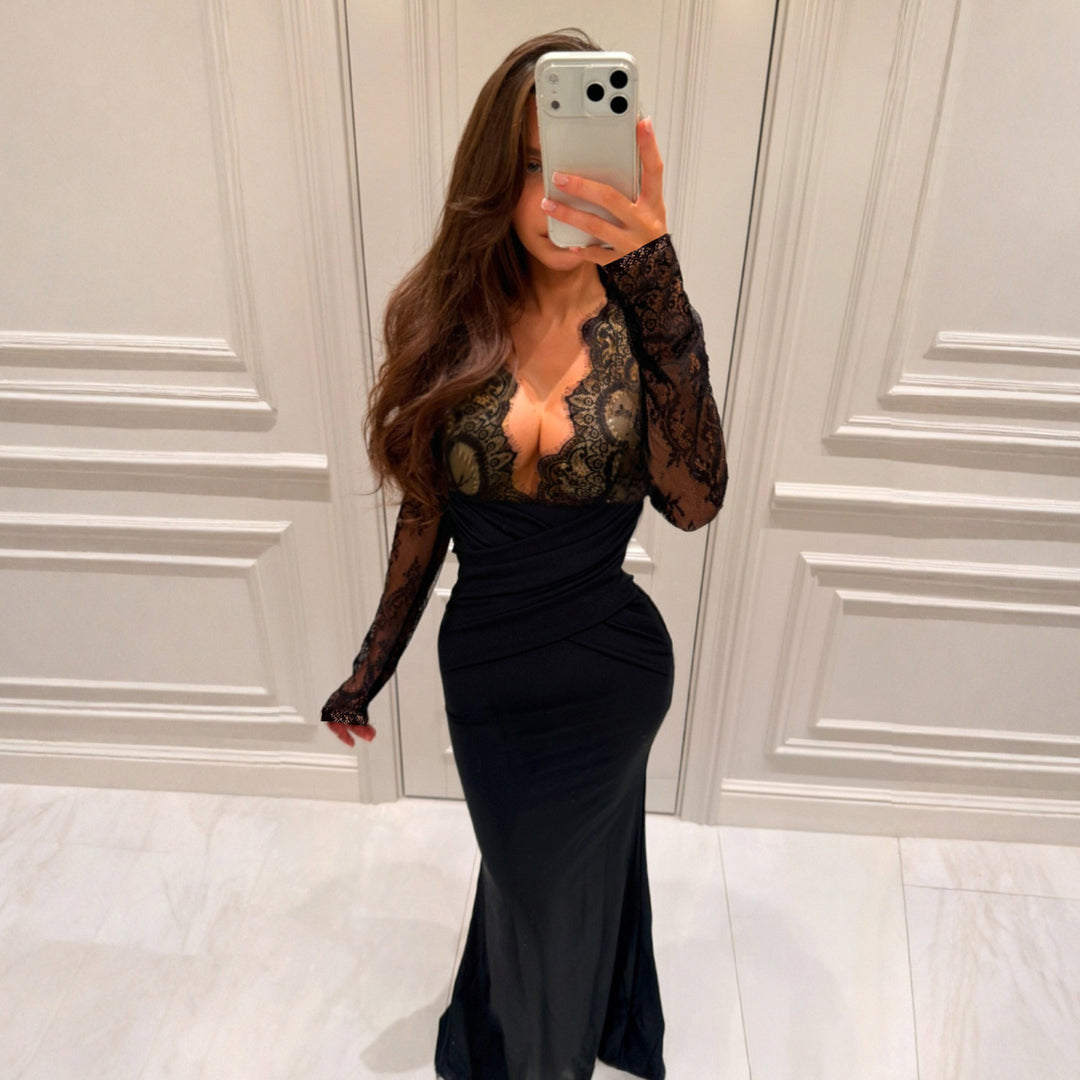 Damen elegantes Abendkleid mit Spitzeneinsätzen und raffiniertem Wickeldesign EB