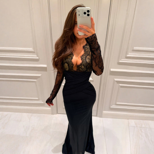 Damen elegantes Abendkleid mit Spitzeneinsätzen und raffiniertem Wickeldesign EB