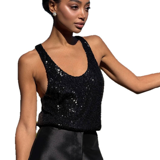 Damen Glamouröses Paillettenoberteil mit tiefem Ausschnitt und elegantem Schnitt EB