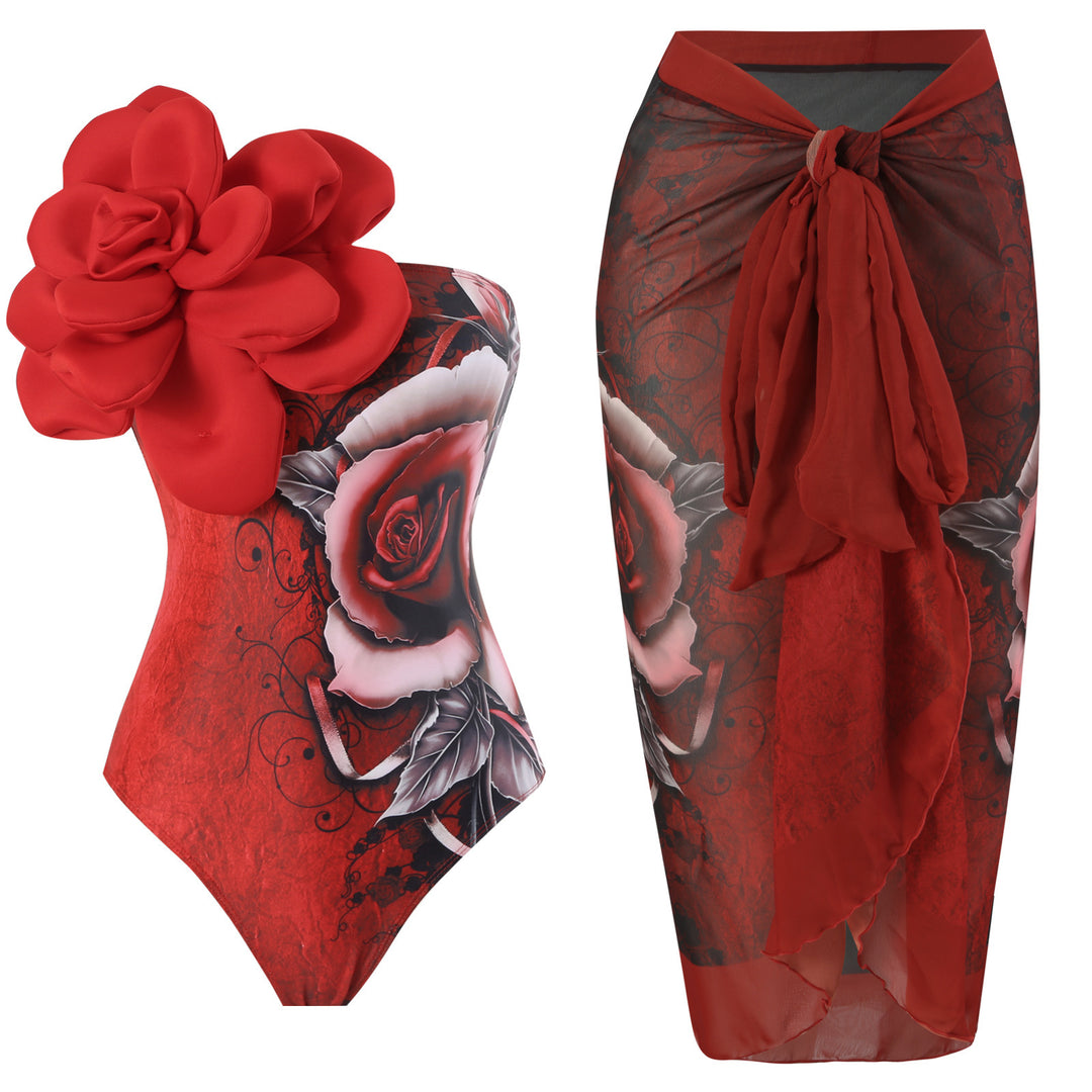 Damen Eleganter Badeanzug mit großem Blumen-Detail und transparentem Überrock EB