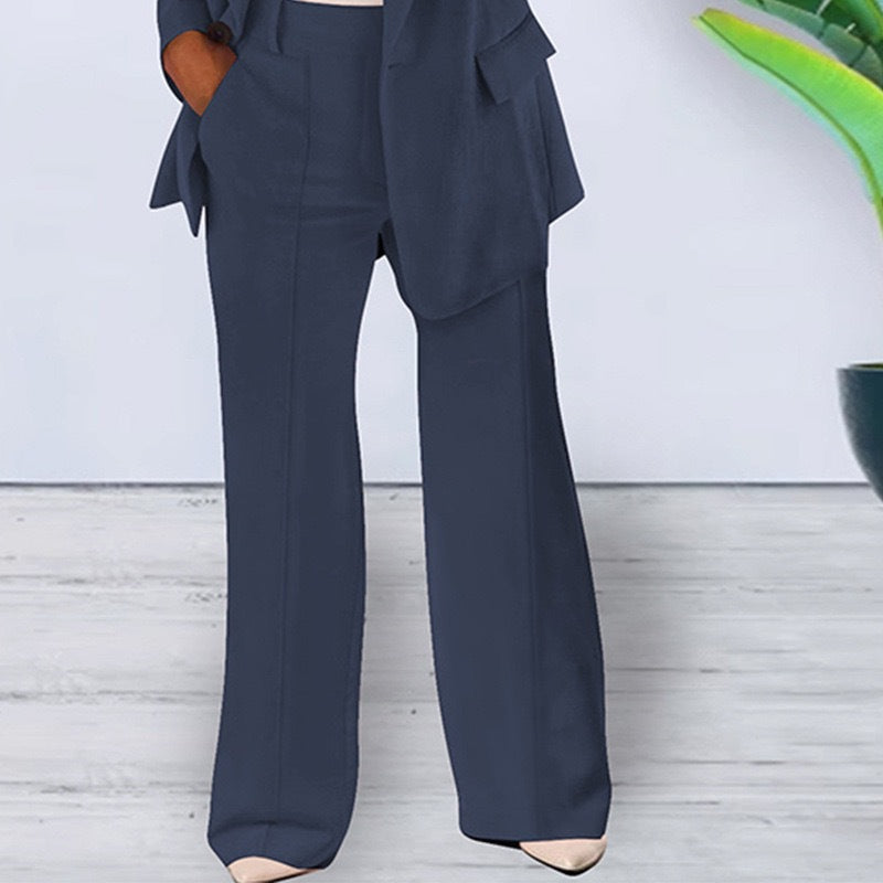 Damen elegantes und lockeres Blazerset mit weiten Hosen EB