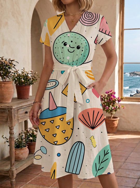 Damen Midikleid mit farbenfrohem Blumendesign und taillierbarem Bindegürtel EB