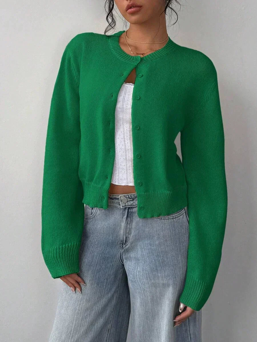 EB | Strickjacke Pullover Weiche Strickware Cropped Fit Knopf Front Rippensaum