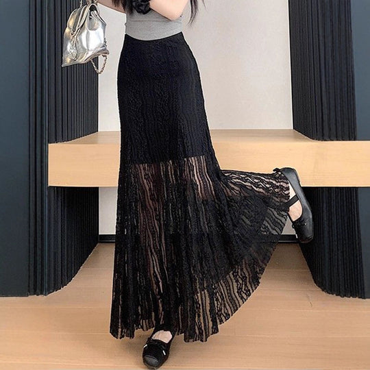 Damen Eleganter Maxi-Rock mit transparenter Spitze und Falten EB