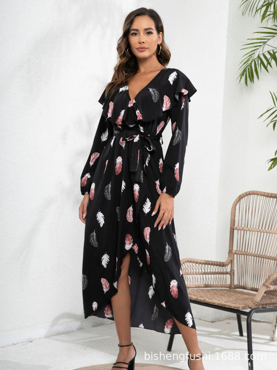 Damen Maxi-Kleid mit Rüschendetails und schickem Bindegürtel EB