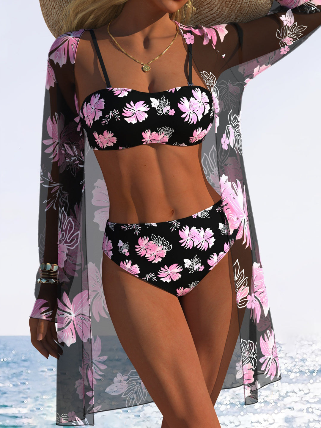 Damen Bikini-Set mit floralem Design und transparenter Strandjacke EB