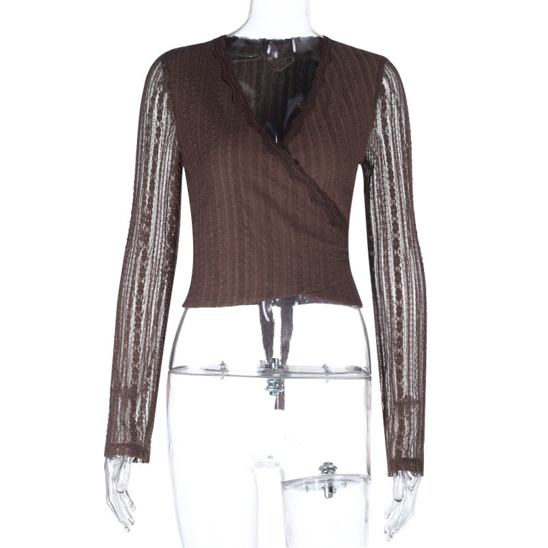 Damen elegantes Wickeloberteil mit transparenten Ärmeln und raffinierter Rüsche EB