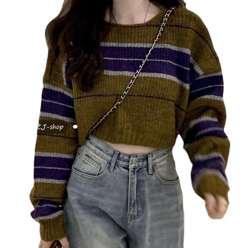Damen kurz geschnittener Strickpullover mit horizontalem Streifenmuster EB