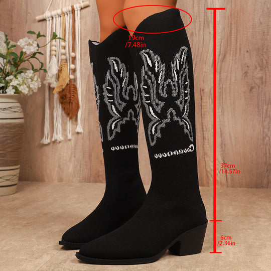Damen Modische Stiefel mit hochwertigem Strickdesign und elegantem Blockabsatz EB