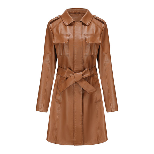 Damen modischer Trenchcoat aus hochwertigem Kunstleder EB
