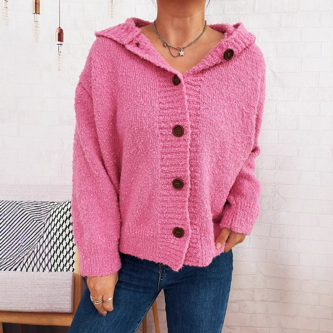 Damen kuschelige Strickjacke mit Kapuze und Knopfdetails EB