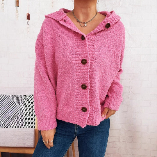 Damen kuschelige Strickjacke mit Kapuze und Knopfdetails EB