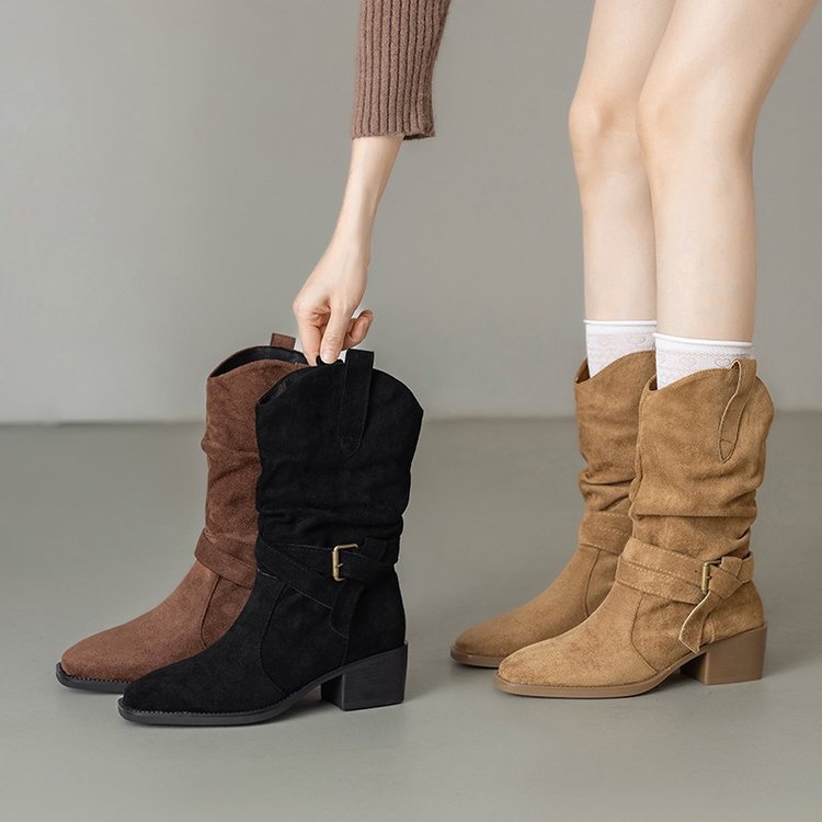 Damen Stiefeletten im Western-Stil mit modischem Riemen und Blockabsatz EB