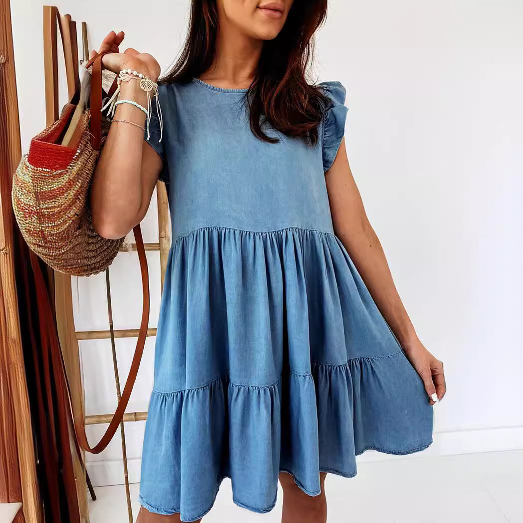Damen Kurzarm Kleid im lässigen A-Linien Schnitt mit voluminösem Rock EB