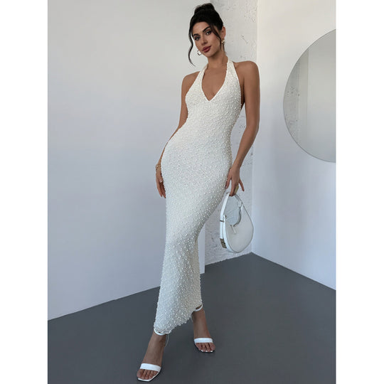 Damen Elegantes Abendkleid mit Hochzeitsperlen und tiefem V-Ausschnitt EB