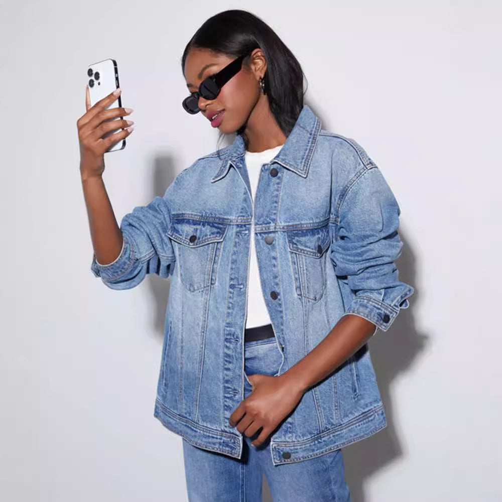 Damen Modische Oversized Jeansjacke mit lässigem Schnitt EB