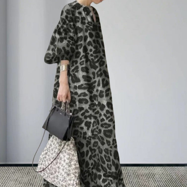 Damen Langarm Maxi-Kleid im auffälligen Leopardenmuster EB