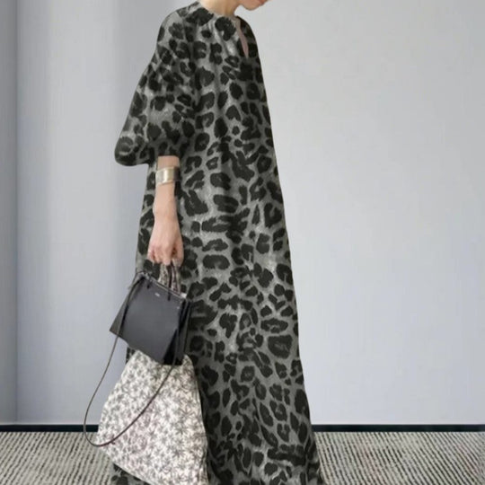 Damen Langarm Maxi-Kleid im auffälligen Leopardenmuster EB