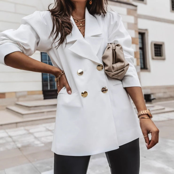 Damen eleganter Oversize-Blazer mit Taschen und Knopfdetails EB