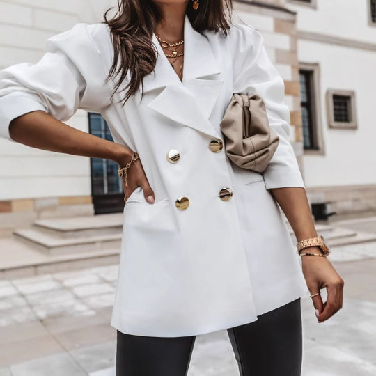 Damen eleganter Oversize-Blazer mit Taschen und Knopfdetails EB