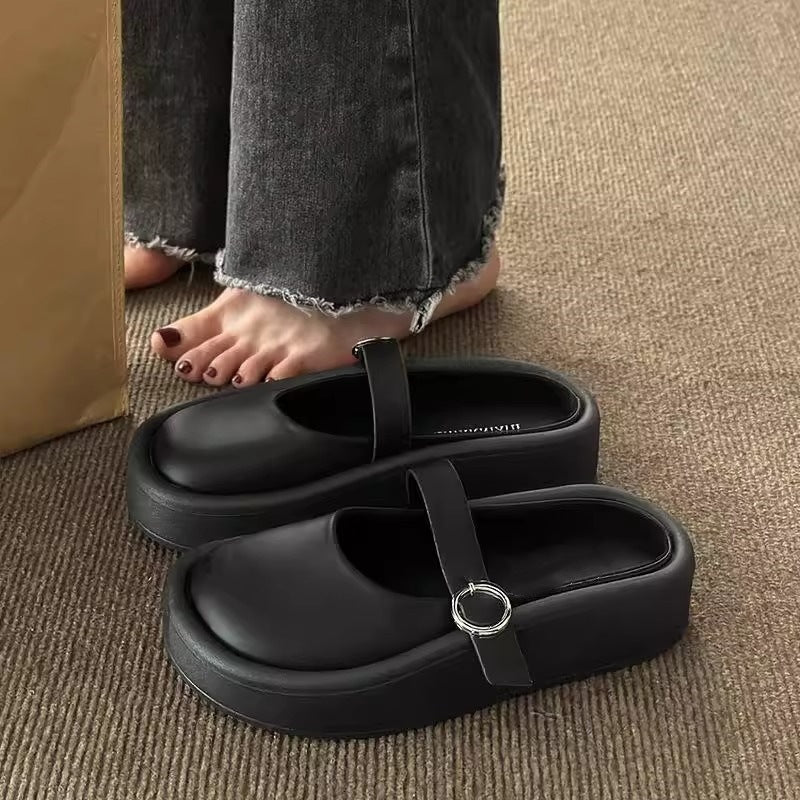 Damen Stylish Plateau-Pantoletten mit verstellbarem Riemen und komfortabler Sohle EB