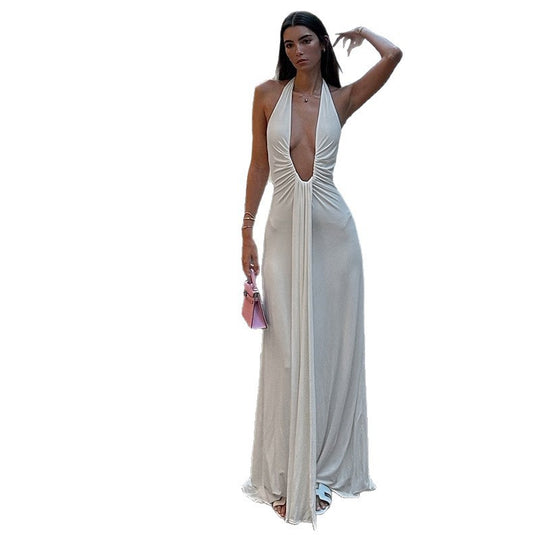 Damen Maxikleid mit tiefem V-Ausschnitt und raffiniertem Drapierungsdesign EB