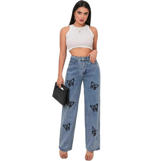 Damen Weite Jeans mit auffälligen Schmetterlings-Prints EB