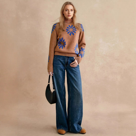 Damen farbenfroher Strickpullover mit floralem Muster EB