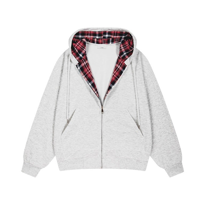 Damen lässige Kapuzenjacke mit Karo-Innenfutter und durchgehendem Reißverschluss EB