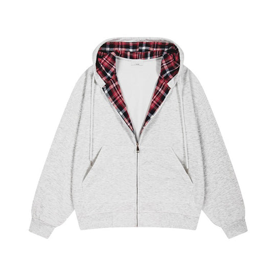 Damen lässige Kapuzenjacke mit Karo-Innenfutter und durchgehendem Reißverschluss EB