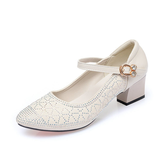 Damen Elegante Mary Jane Pumps mit funkelndem Strassbesatz und komfortablem Blockabsatz EB