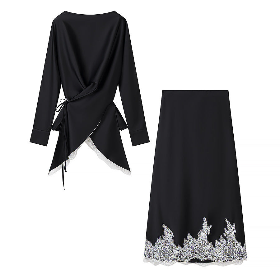 Damen elegante Wickelbluse mit Spitzenbesatz und passendem Rock EB