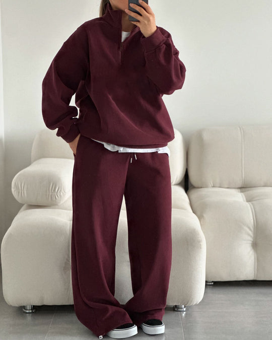 Damen nan Oversize Halbzip-Pullover mit Stehkragen und weitem Lounge-Hose-Set EB