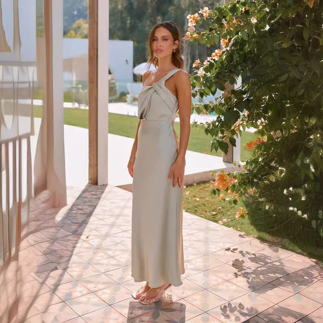 Damen Elegantes Langes Kleid mit asymmetrischem Träger und stilvollem Drapierungsdetail EB