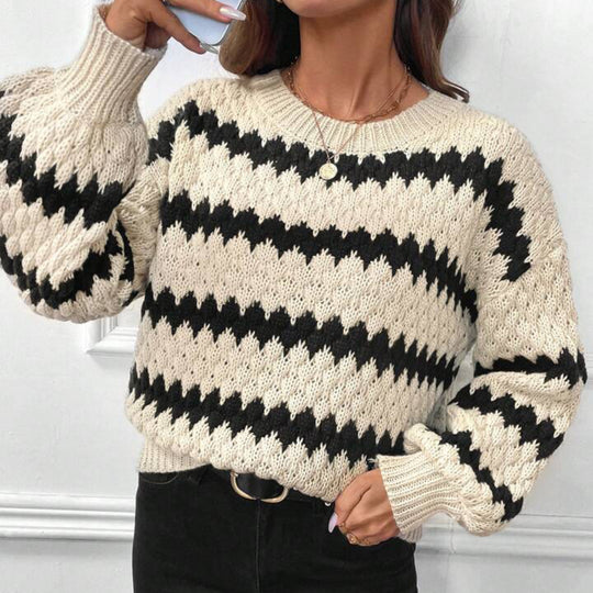 Damen Grobstrickpullover mit geometrischem Muster und voluminösen Ärmeln EB