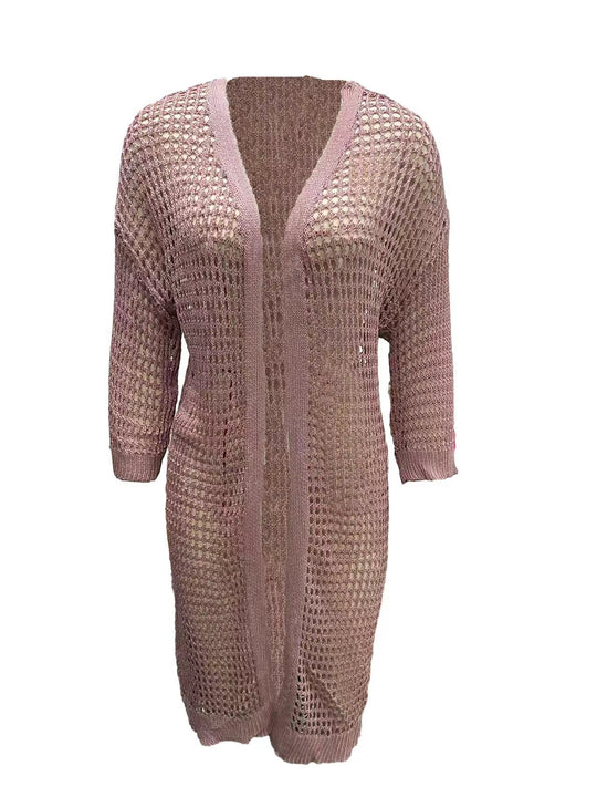 Damen Luftige Häkeljacke mit offenem Design und weiten Ärmeln EB