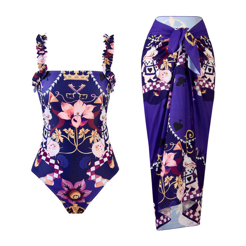Damen Einteiler Badeanzug mit verspieltem Blumendesign und passendem Strandrock EB