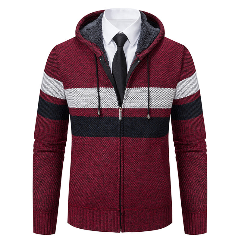 Herren nan gefütterte Kapuzen-Strickjacke mit Teddyfutter, durchgehendem Reißverschluss und kontrastierenden Streifen EB