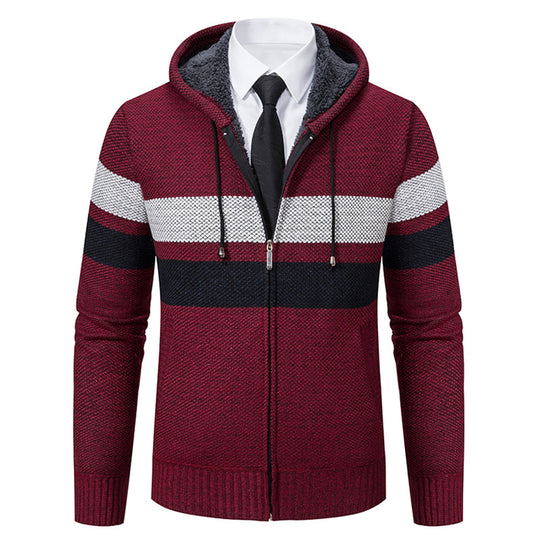 Herren nan gefütterte Kapuzen-Strickjacke mit Teddyfutter, durchgehendem Reißverschluss und kontrastierenden Streifen EB