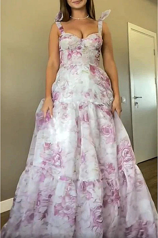 Damen Elegantes Maxikleid mit floralen Details und Rüschenträgern EB