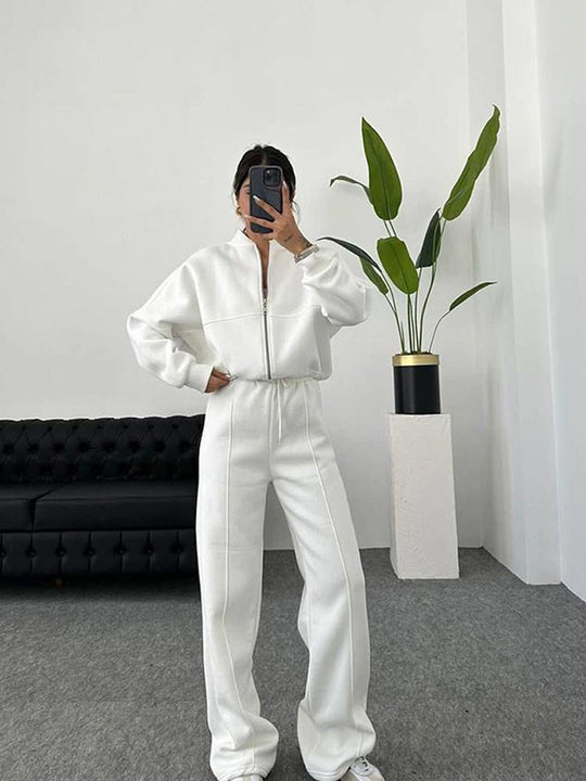 Damen nan Oversize Reißverschlussjacke mit weiter High-Waist Loungehose Set EB