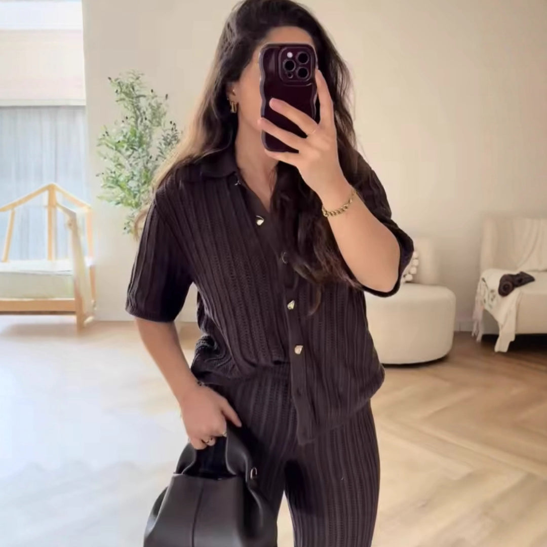 Damen Weite Strickpalazzo-Hose mit Elastischem Bund und Eleganter Struktur EB